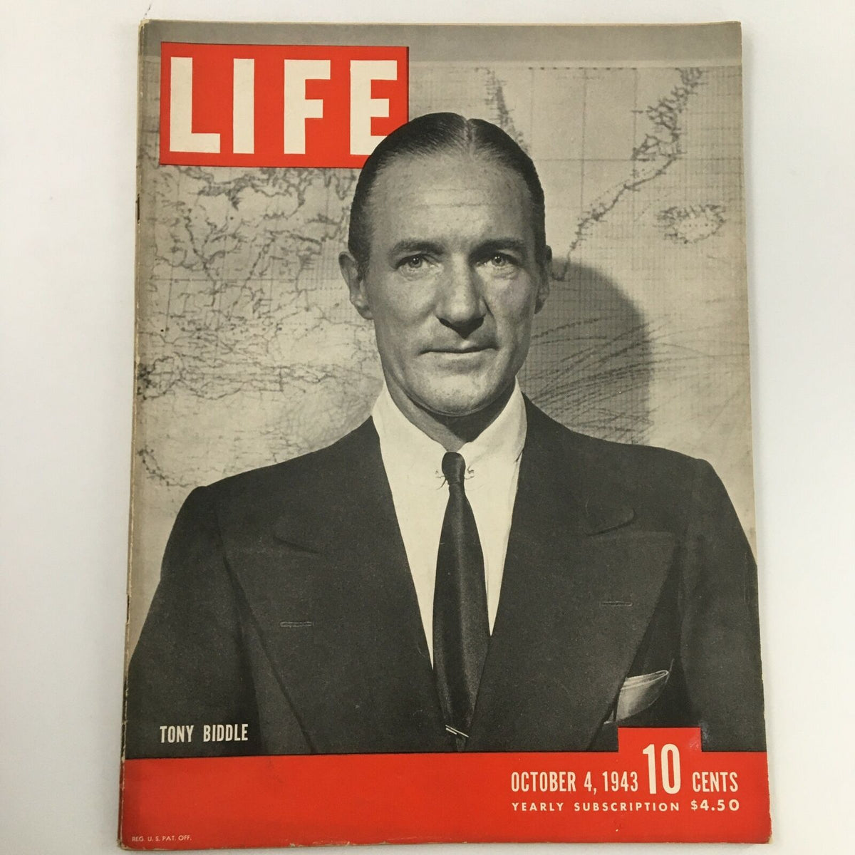 Cover of VTG Life Magazine, October 4, 1943 featuring Tony Biddle. The magazine showcases a photograph of Tony Biddle along with the iconic 'LIFE' logo, highlighting its historical significance during World War II.