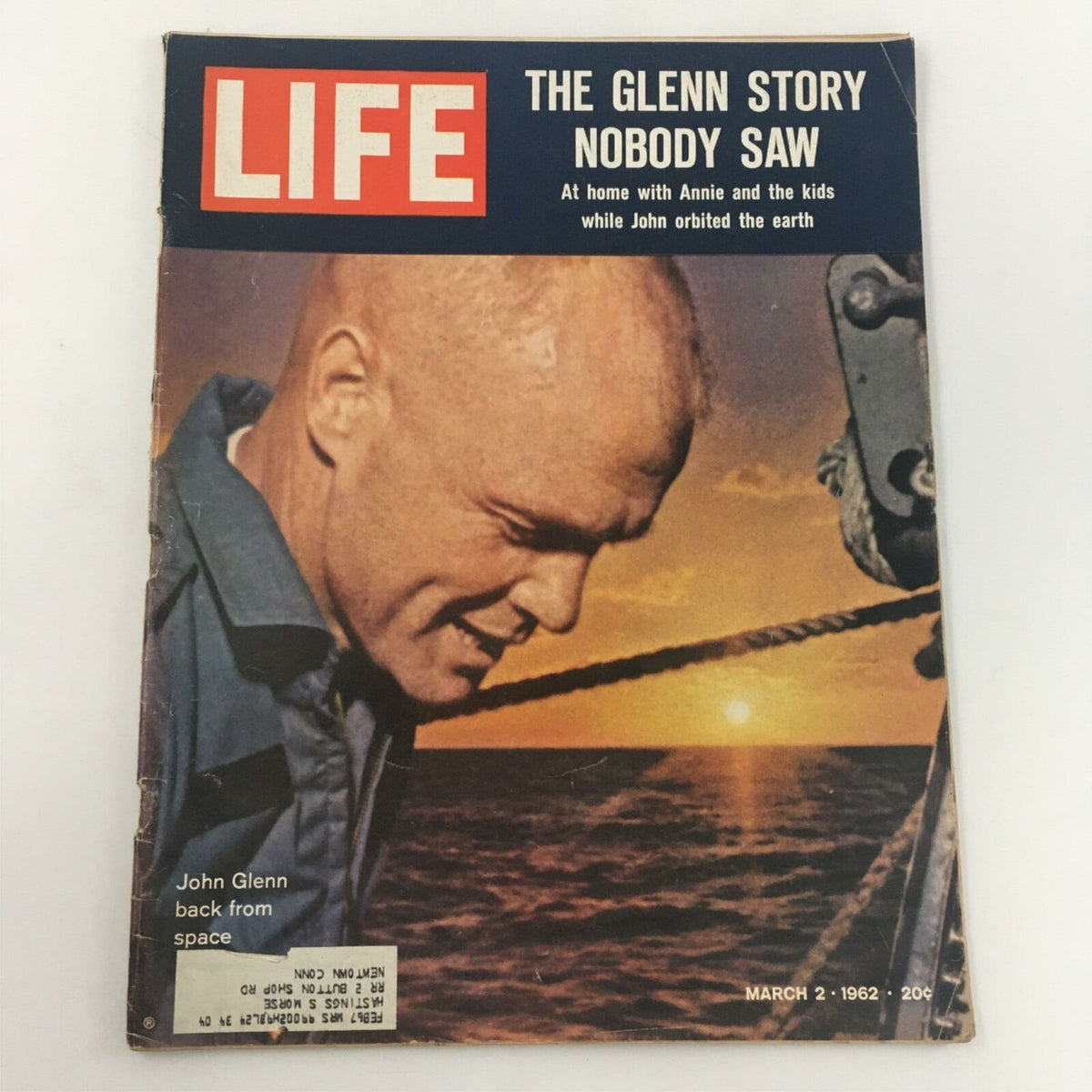 Cover of VTG Life Magazine March 2, 1962 featuring 'The John Glenn Story Nobody Saw', with a photo of John Glenn back from space against a sunset. The cover highlights Glenn's journey and includes promotional text.