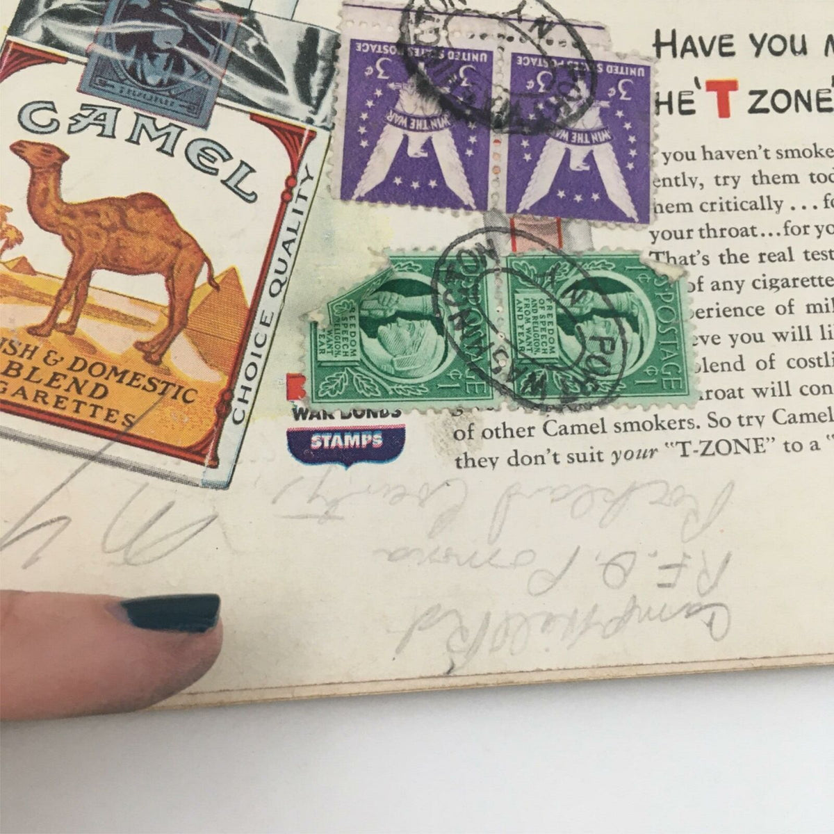 Inside back cover of VTG Life Magazine, November 15, 1943, showcasing vintage advertisement for Camel cigarettes, complete with postage stamps and handwritten notes.