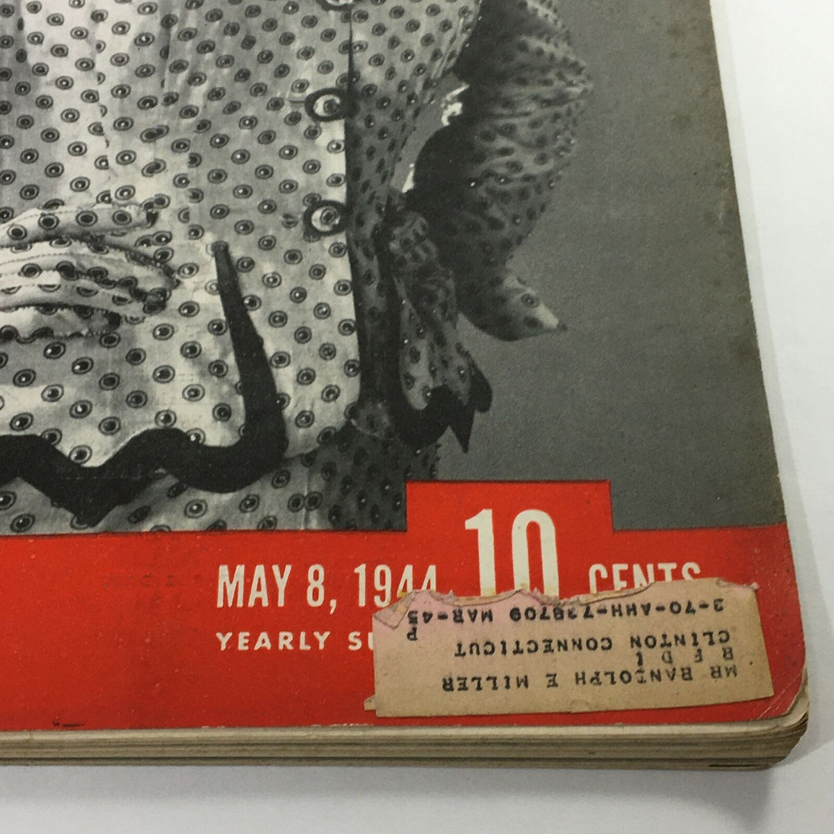 Close-up view of the VTG Life Magazine May 8 1944 Cover highlighting details like the publication date and price, with a pin-up girl theme featuring Betty Grable.