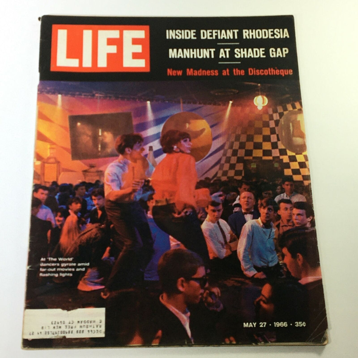 VTG Life Magazine May 27, 1966 cover featuring 'New Madness at Discotheque' showcasing vibrant 1960s nightlife with lively dancers in a colorful discotheque scene.