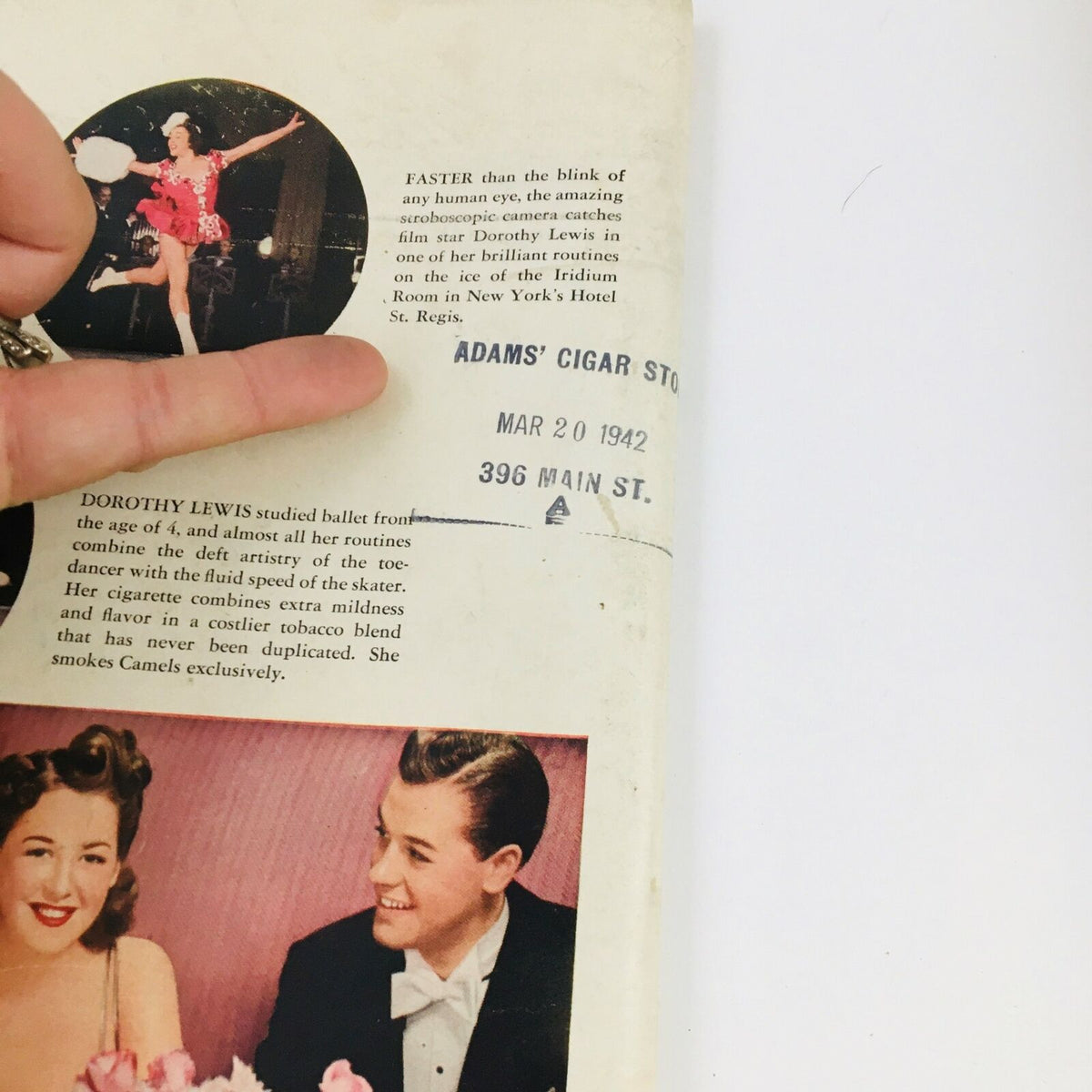 Inside page of VTG Life Magazine March 23, 1942 with a personal touch showing an advertisement for Camels cigarettes and a date stamp marking March 20, 1942 from Adams' Cigar Store.