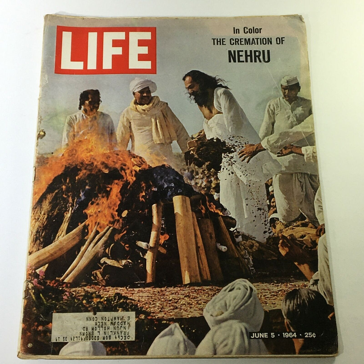 Cover of VTG Life Magazine June 5, 1964, featuring the title 'In Color The Cremation of Nehru', depicting a historical scene with individuals near a cremation pyre.