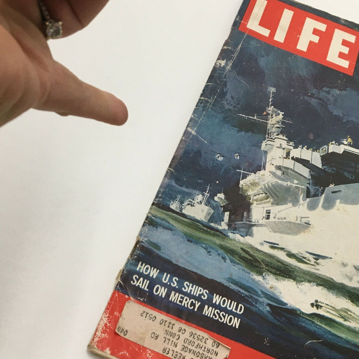 Close-up view of the VTG Life Magazine July 27 1959 cover emphasizing the details of 'How U.S. Ships Would Sail on Mercy Mission' with a ship illustration.