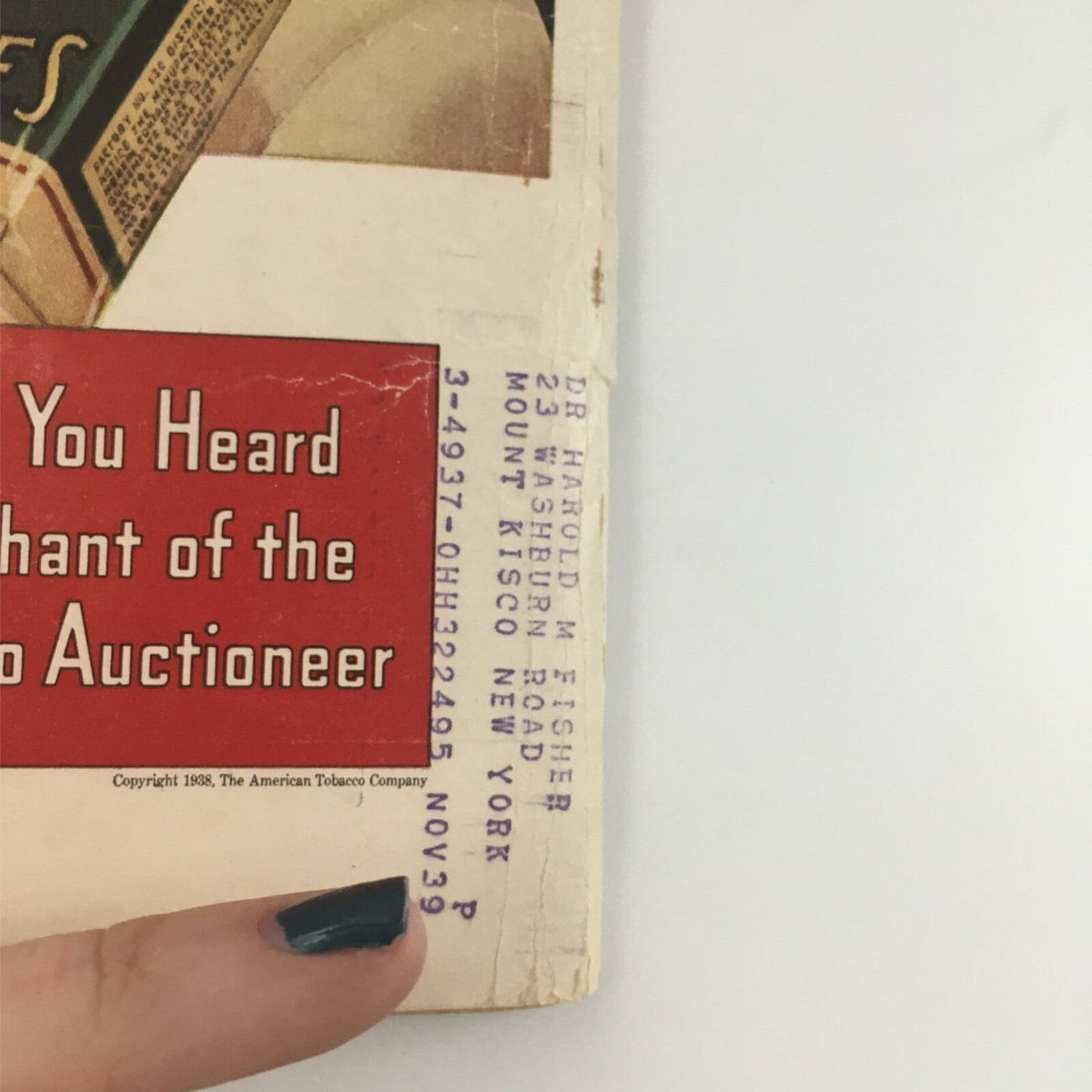 Close-up of the back cover details of the VTG Life Magazine April 4, 1938, highlighting a tobacco advertisement with a printed address and date.