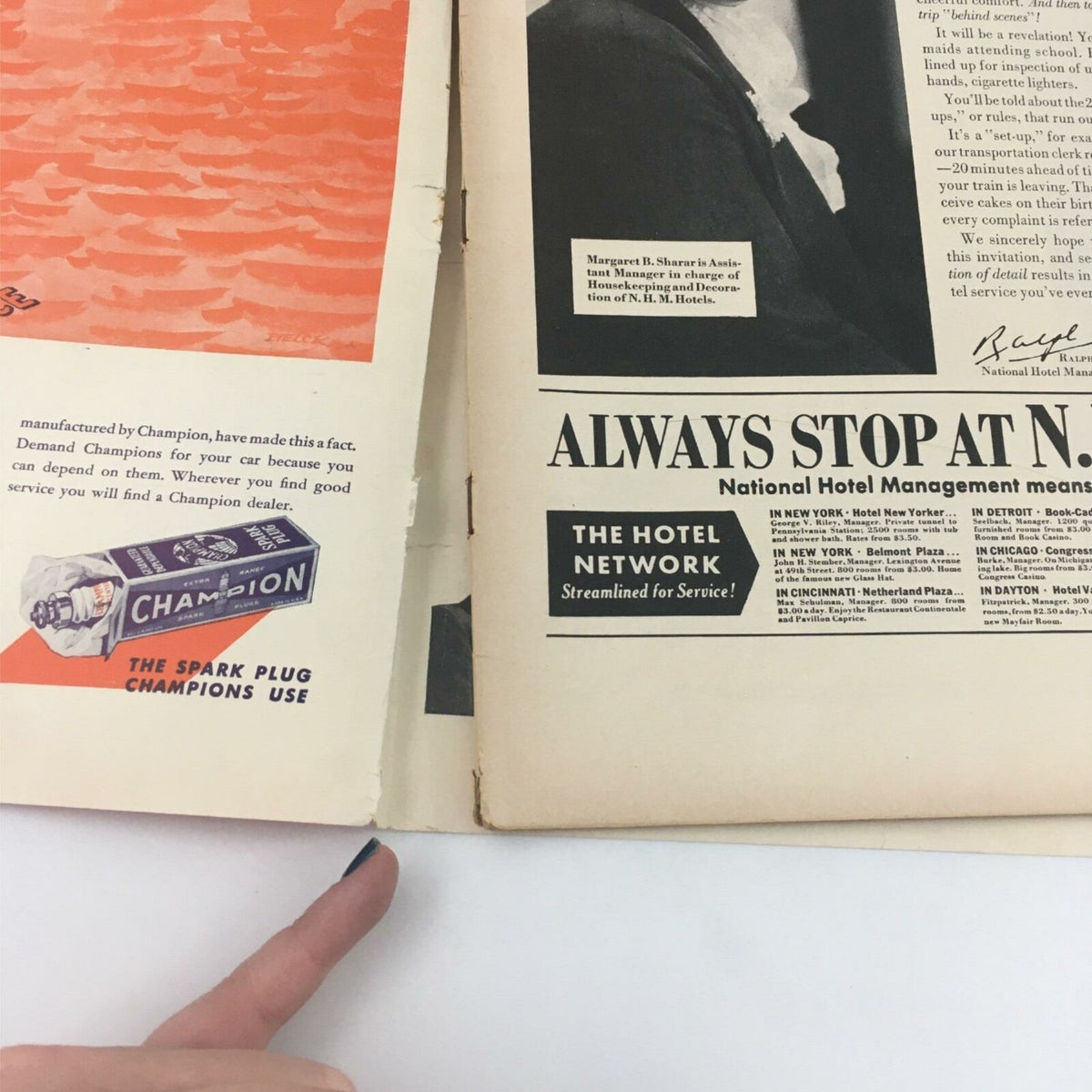 VTG Life Magazine April 4, 1938 showcasing vintage advertisements and articles, featuring a close-up of an ad for Champion Spark Plugs and a reference to National Hotel Management.
