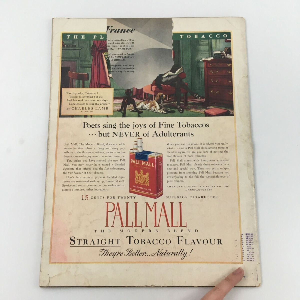 Back cover of the vintage Life Magazine from July 5, 1937, displaying an advertisement for Pall Mall cigarettes, capturing the advertising style of the era.