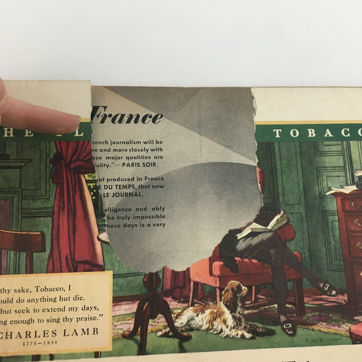 Detailed view of the torn section on the back cover of Life Magazine July 5, 1937, showcasing an advertisement with visual elements from the 1930s.