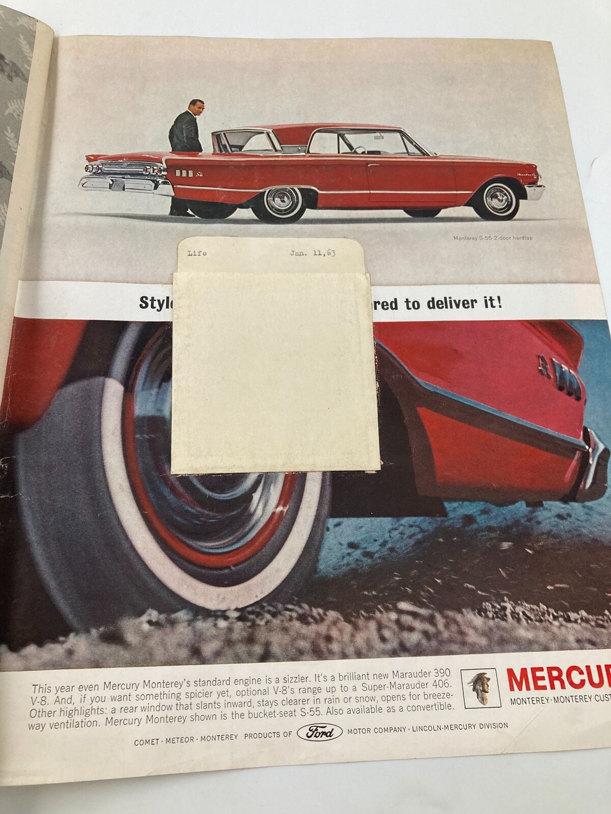 Interior page from VTG Life Magazine dated January 11, 1963, displaying a vintage advertisement for the Mercury Monterey, emphasizing style and luxury.