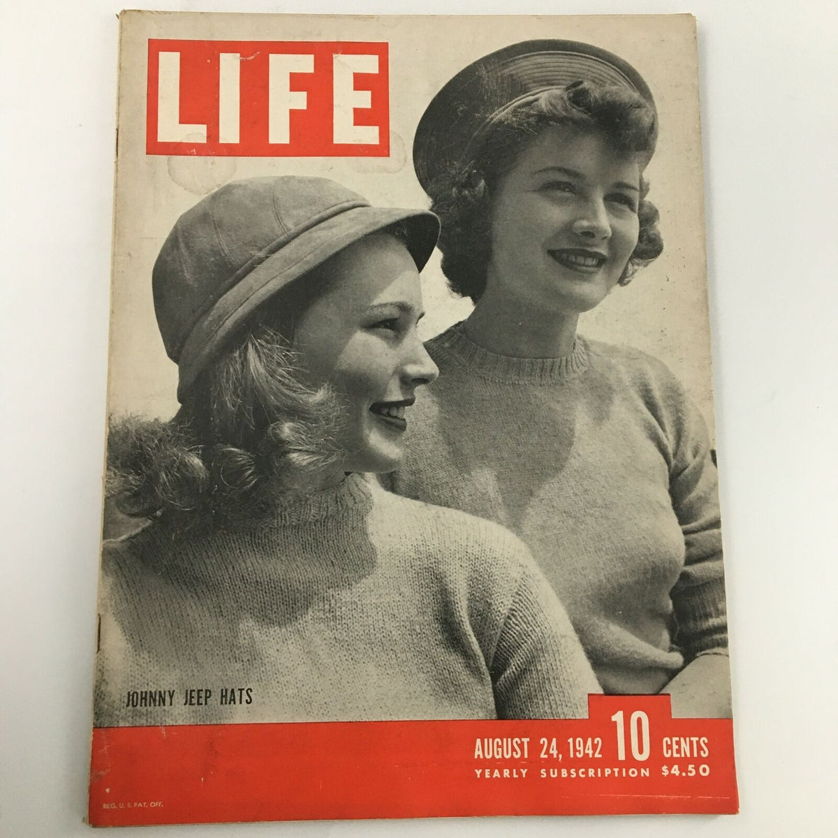 Vintage Life Magazine cover from August 24, 1942, featuring ladies wearing stylish Johnny Jeep hats, showcasing fashion from the early 1940s.