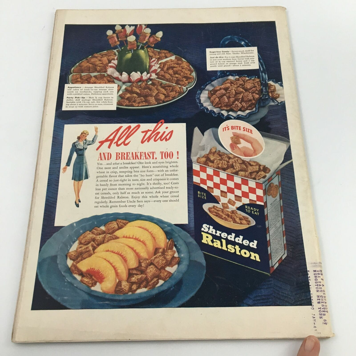 Back cover of VTG Life Magazine August 24 1942 showcasing an advertisement for Shredded Ralston cereal with a colorful layout and a woman in a blue outfit.