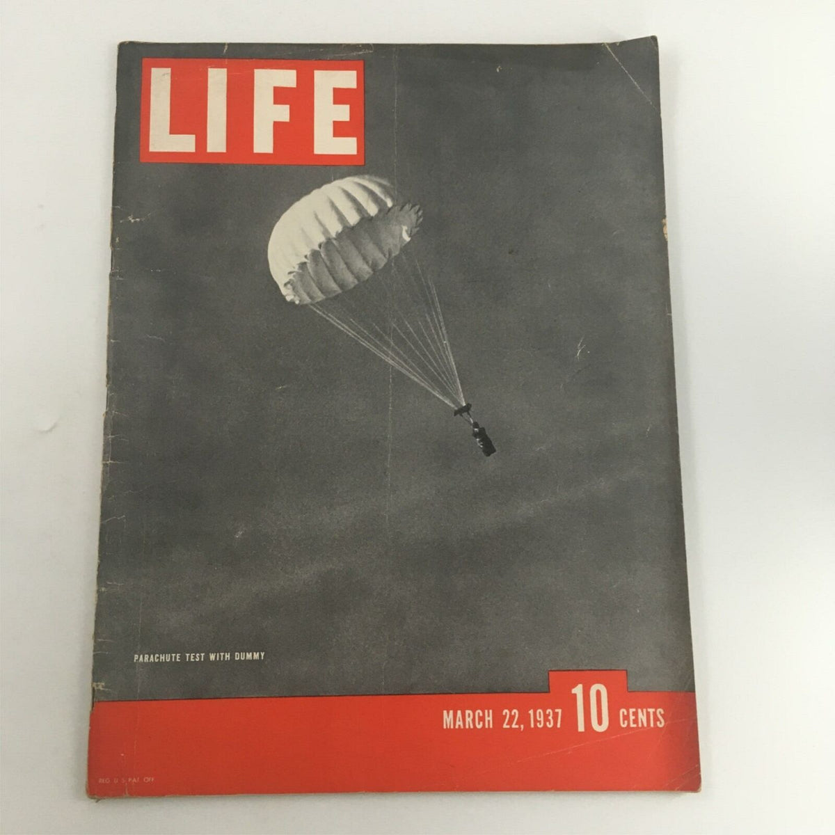 Cover of VTG Life Magazine from March 22, 1937, featuring a parachute test with a dummy, showcasing historical aviation innovation.