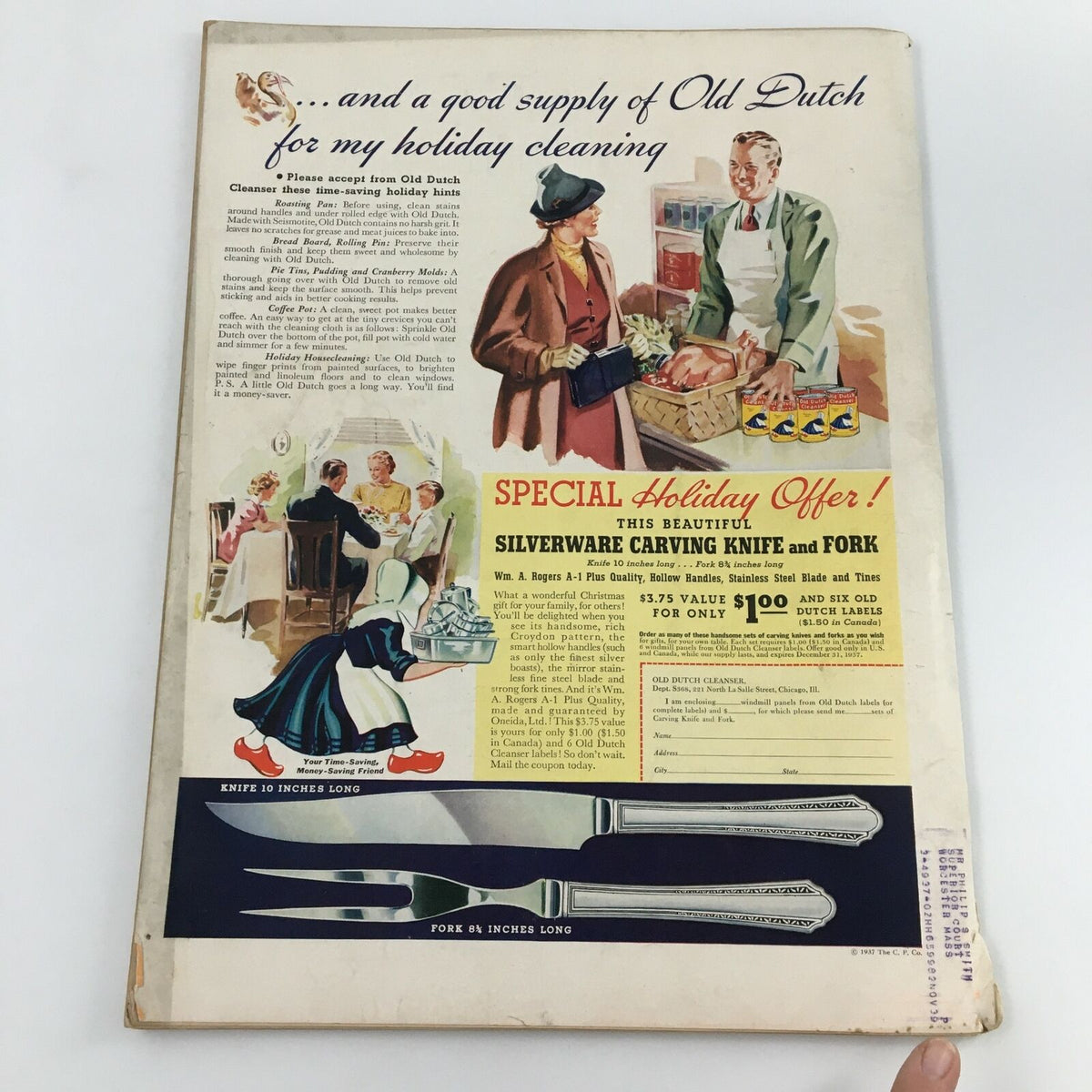 Back cover of VTG Life Magazine November 15, 1937 displaying a colorful advertisement for Old Dutch Cleanser and a special holiday offer on silverware. This vintage magazine includes nostalgic elements from the late 1930s.