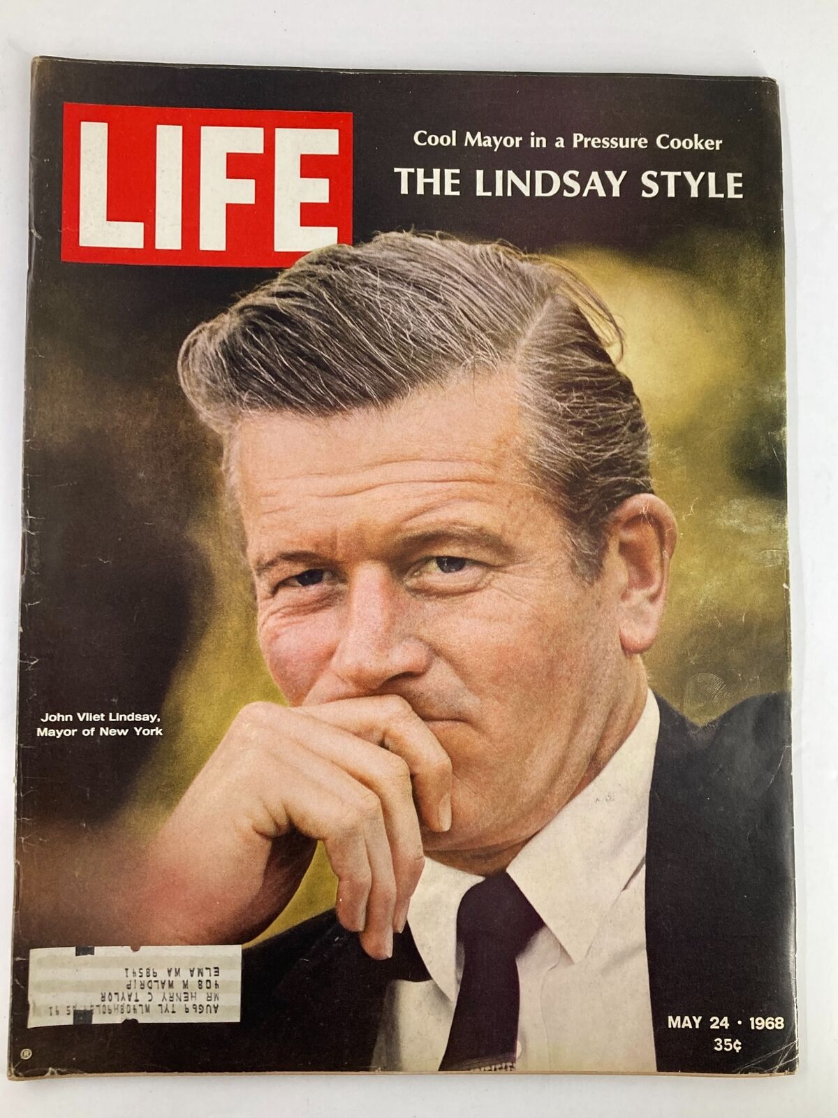 Cover of VTG Life Magazine from May 24, 1968 featuring John Vllet Lindsay, Mayor of New York, with the headline 'Cool Mayor in a Pressure Cooker' and an image of Lindsay thoughtfully posing.