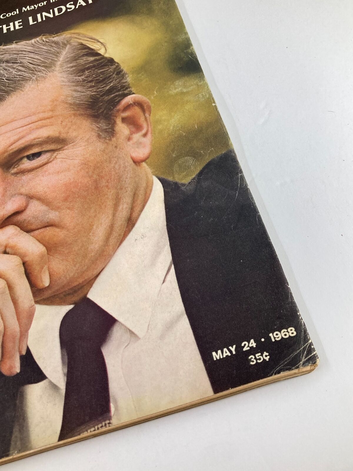 Close-up view of the cover of VTG Life Magazine from May 24, 1968 showcasing John Vllet Lindsay, Mayor of New York, highlighting the date and price, with the article title 'The Lindsay Style'.