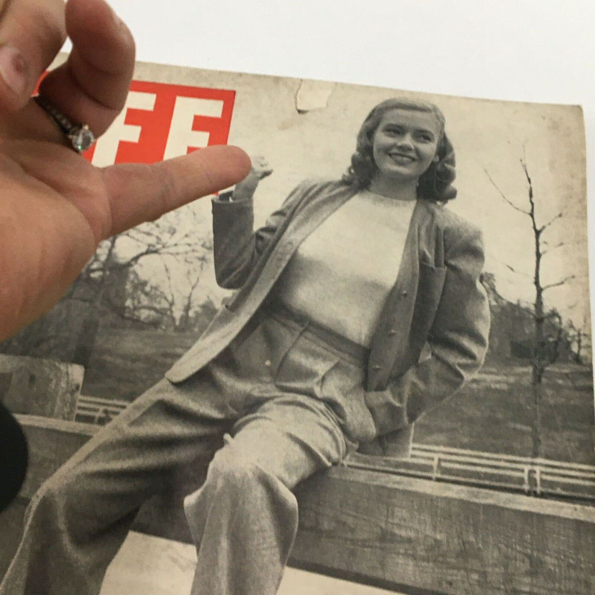 Close-up of the cover of VTG Life Magazine April 20 1942, highlighting a model in slacks and the iconic 'LIFE' logo.