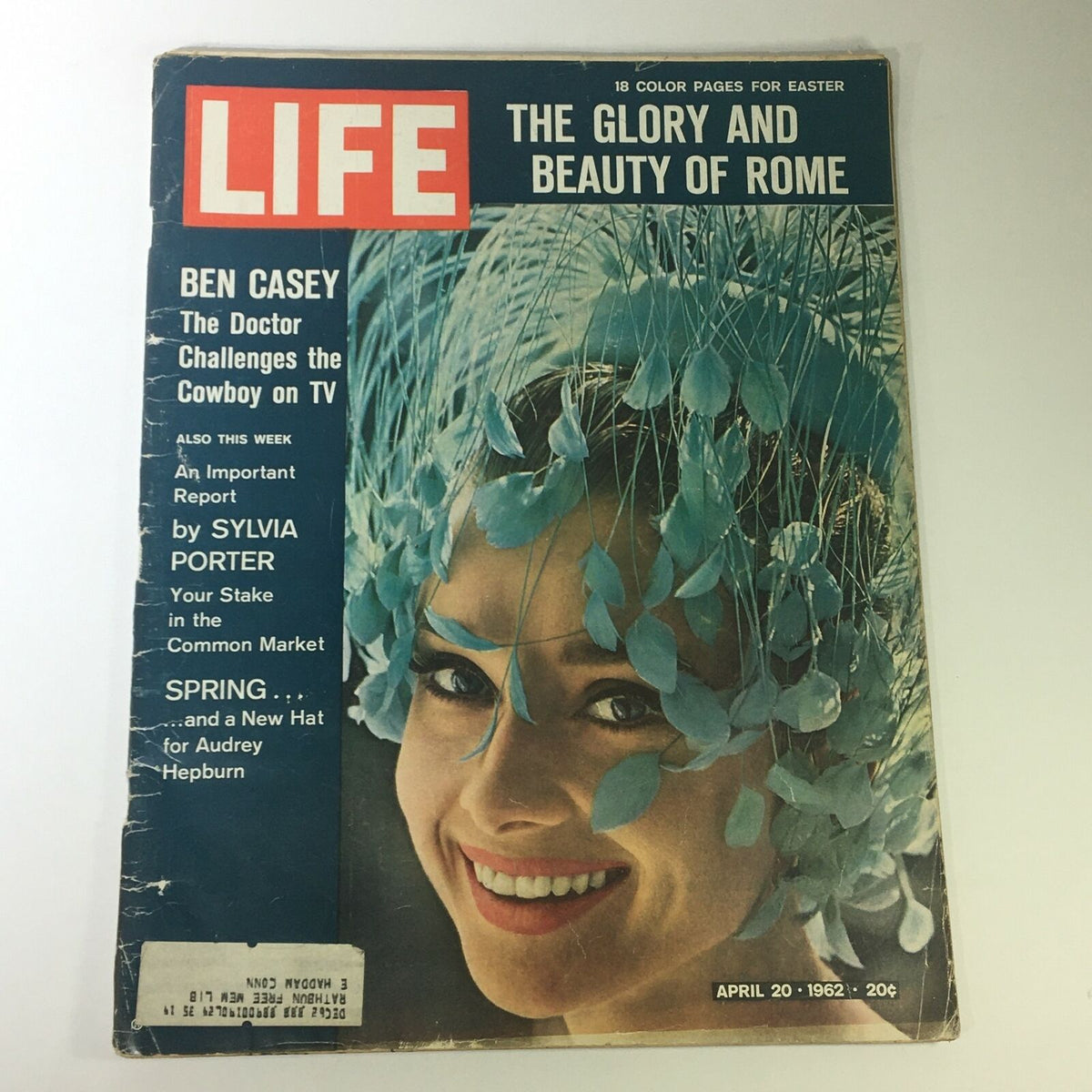 Cover of VTG Life Magazine April 20, 1962 featuring 'The Glory and Beauty of Rome' with a woman smiling adorned with blue leaves.