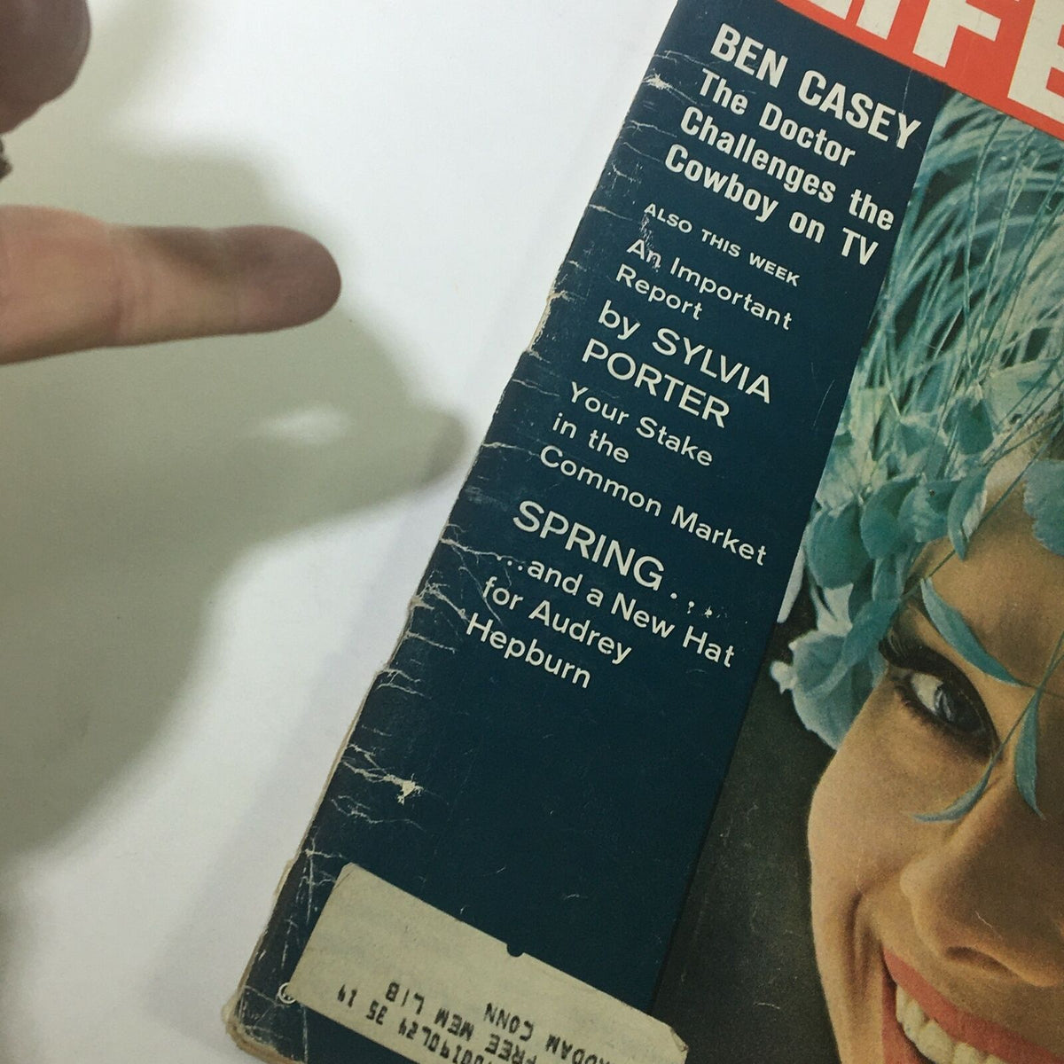 Close-up view of the VTG Life Magazine April 20, 1962 cover, showcasing 'The Glory and Beauty of Rome' alongside articles like 'Ben Casey' and 'Spring...and a New Hat for Audrey Hepburn'.