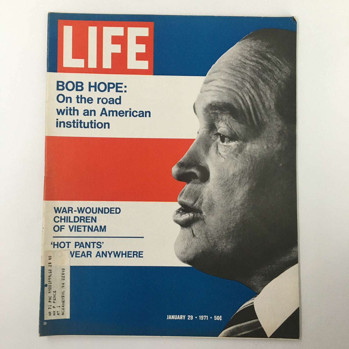 VTG Life Magazine January 29 1971 featuring Bob Hope: On the road with an American institution cover, showcasing a profile of Bob Hope against a red and blue background.