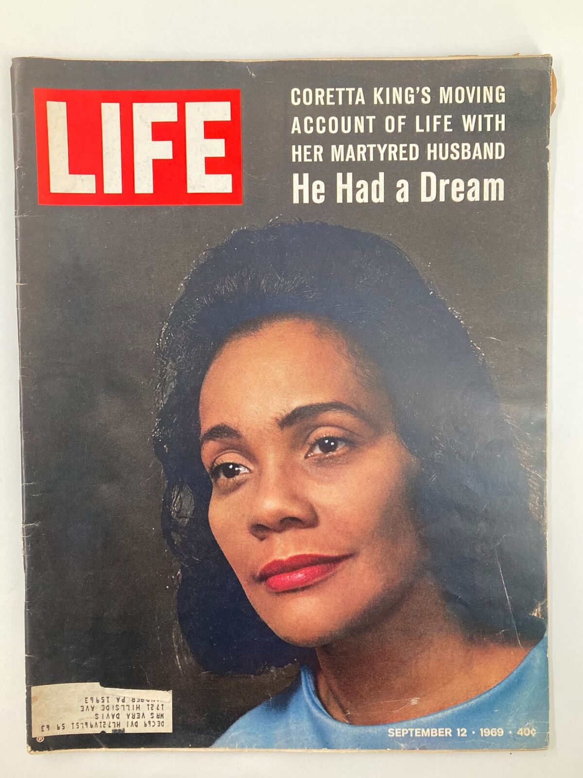 Cover of VTG Life Magazine September 12 1969 featuring Coretta King and the title 'He Had A Dream'. This historic magazine highlights her account of life with her martyred husband, showcasing important themes of the civil rights movement.