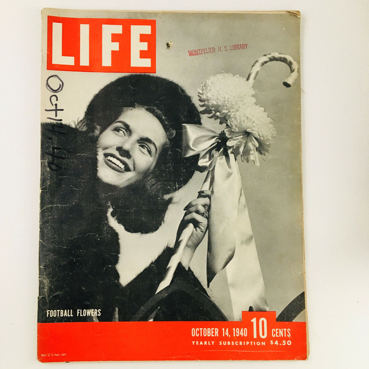 VTG Life Magazine October 14 1940 featuring a beautiful lady with floral arrangements and a football motif on the cover.