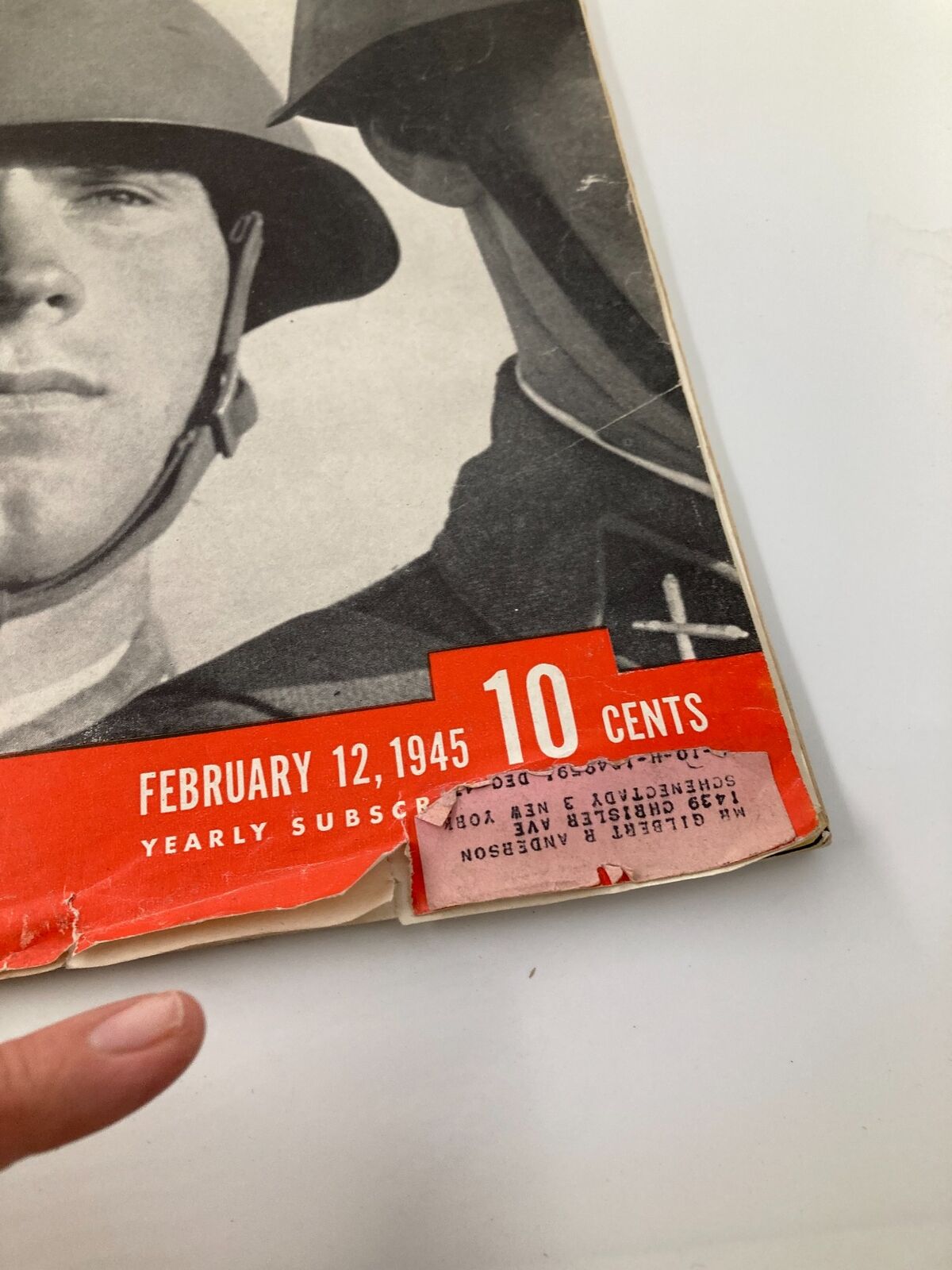Detailed view of VTG Life Magazine February 12, 1945, including a Soviet soldier and newspaper address label, emphasizing the publication's vintage authenticity.