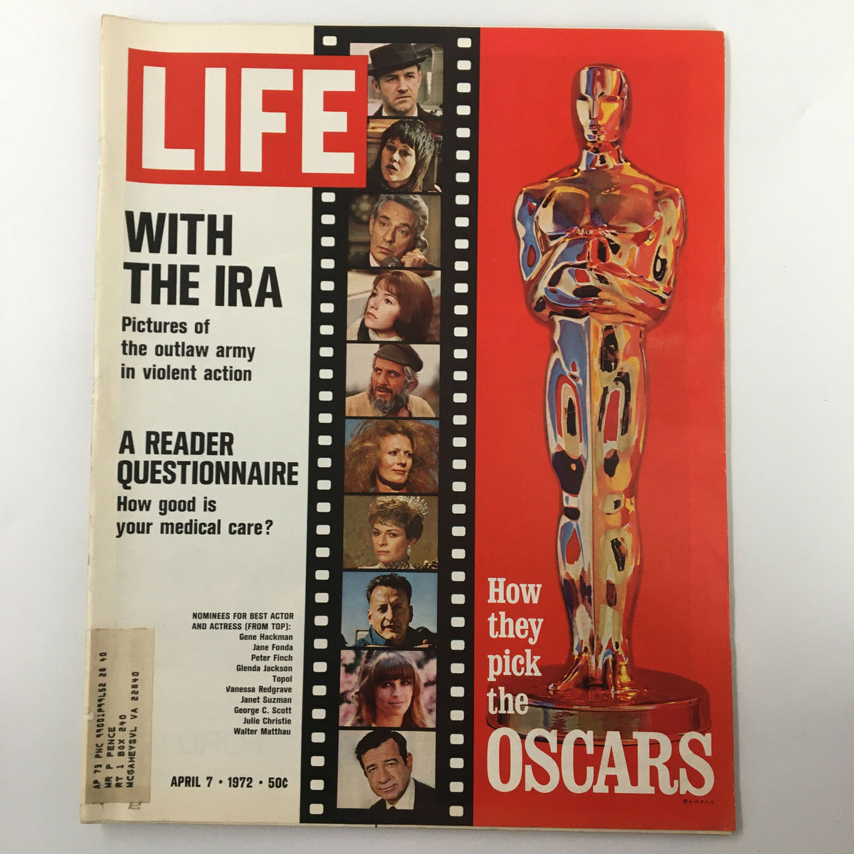 Cover of VTG Life Magazine from April 7, 1972 featuring Oscar statue and images of Gene Hackman, Jane Fonda, Peter Finch, and Topol, highlighting cultural moments of the 1970s.