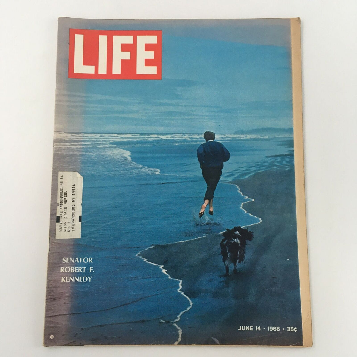 VTG Life Magazine June 14 1968 cover featuring a photo of Senator Robert F. Kennedy walking on the beach with a dog, capturing a nostalgic moment from the era.