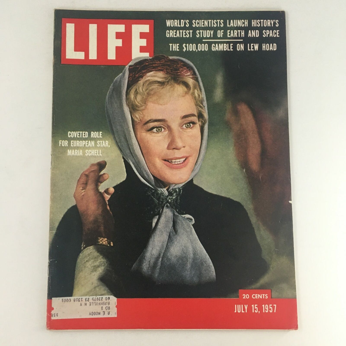 Life Magazine cover from July 15, 1957 featuring Maria Schell in a coveted role as a European star, showcasing her in a beautiful scarf and a vintage design, perfect for collectors of mid-20th-century magazines.