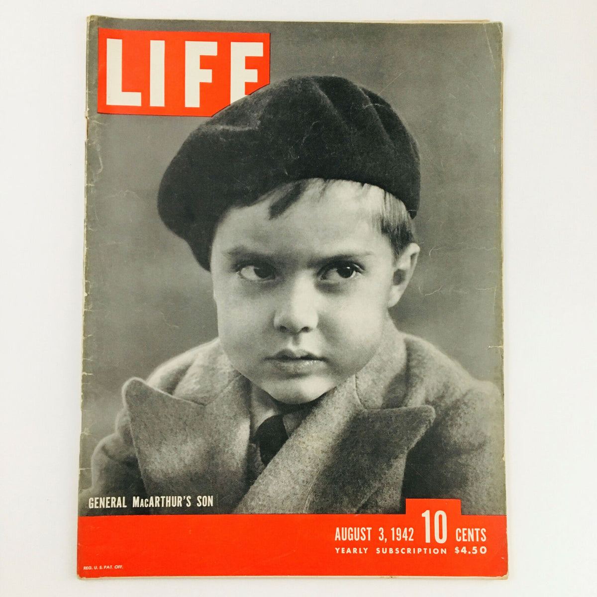 VTG Life Magazine August 3 1942 Photo of General MacArthur's Son, featuring a close-up of a boy wearing a beret with an intense expression, showcasing the magazine's vintage design and historical significance.