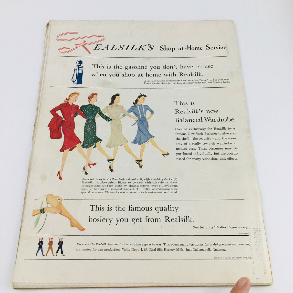 Vintage advertisement page featuring women in elegant dresses and stylish outfits promoting Realsilk's Shop-at-Home Service, from the VTG Life Magazine August 3, 1942, where an iconic photo of General MacArthur's son is also featured.
