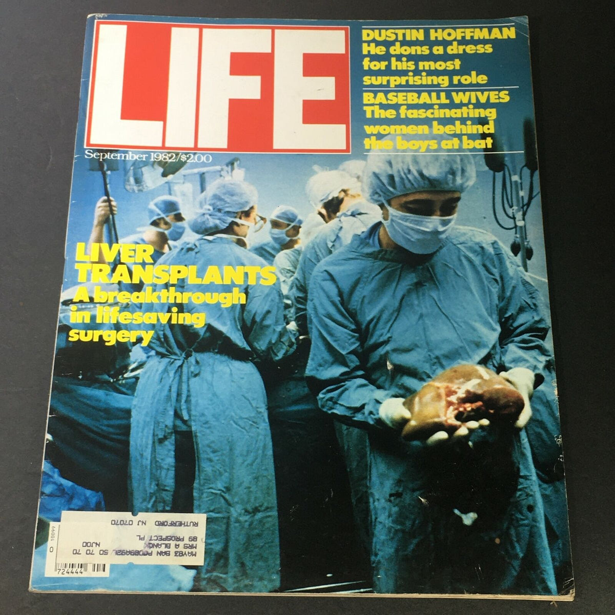 Cover of VTG Life Magazine from September 1982, featuring the title 'Liver Transplants: A breakthrough in lifesaving surgery', with medical professionals in scrubs and masks during a surgical procedure.
