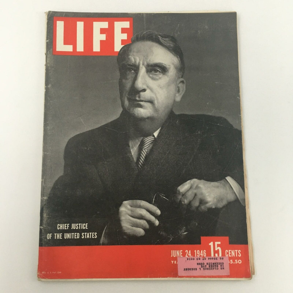 Vintage Life Magazine cover from June 24, 1946 featuring Fred Vinson, Chief Justice of the United States. The black and white image showcases Vinson in formal attire, highlighting the historical significance of the post-war era in American history.