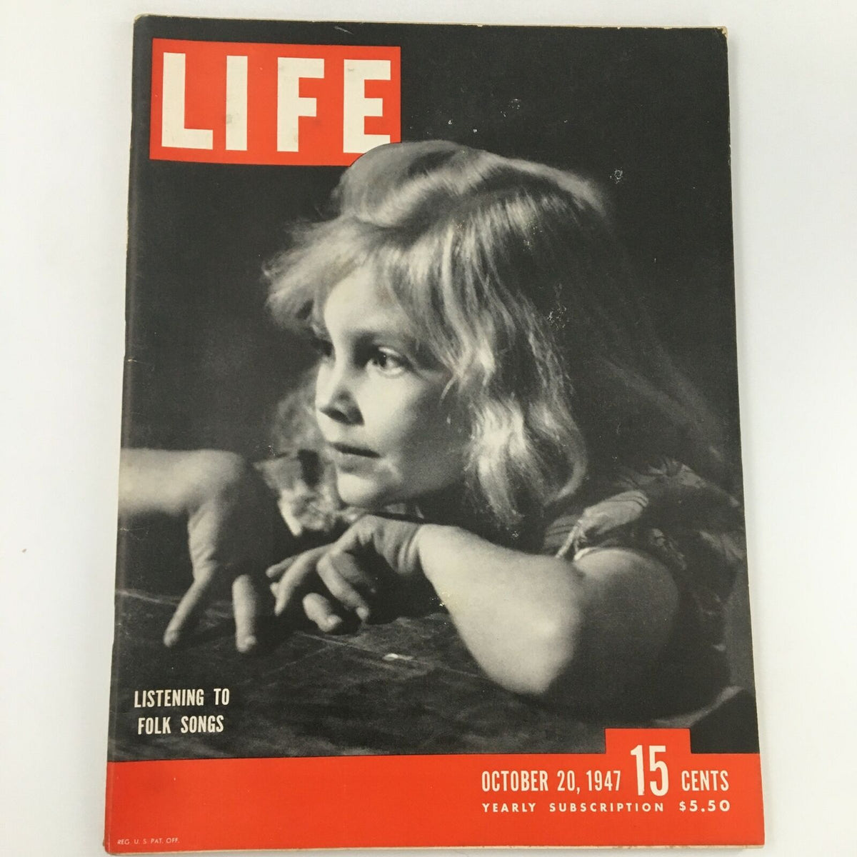 VTG Life Magazine October 20 1947 cover featuring a child listening to folk songs. The magazine highlights mid-20th-century culture with a nostalgic design and a price of 15 cents.