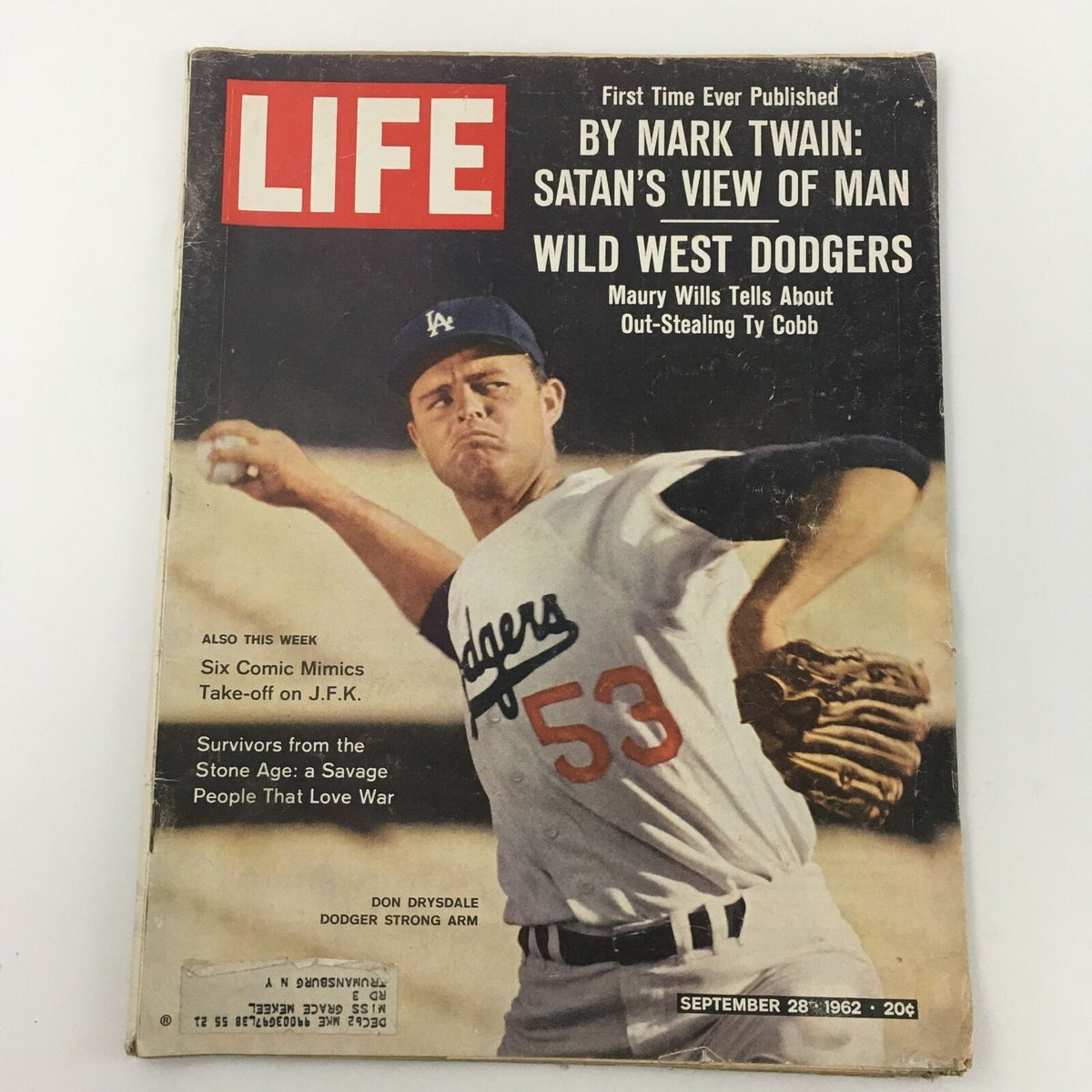 Cover of VTG Life Magazine from September 28, 1962 featuring Don Drysdale of the Los Angeles Dodgers, showcasing his strong arm, with the magazine title and intriguing articles about baseball.