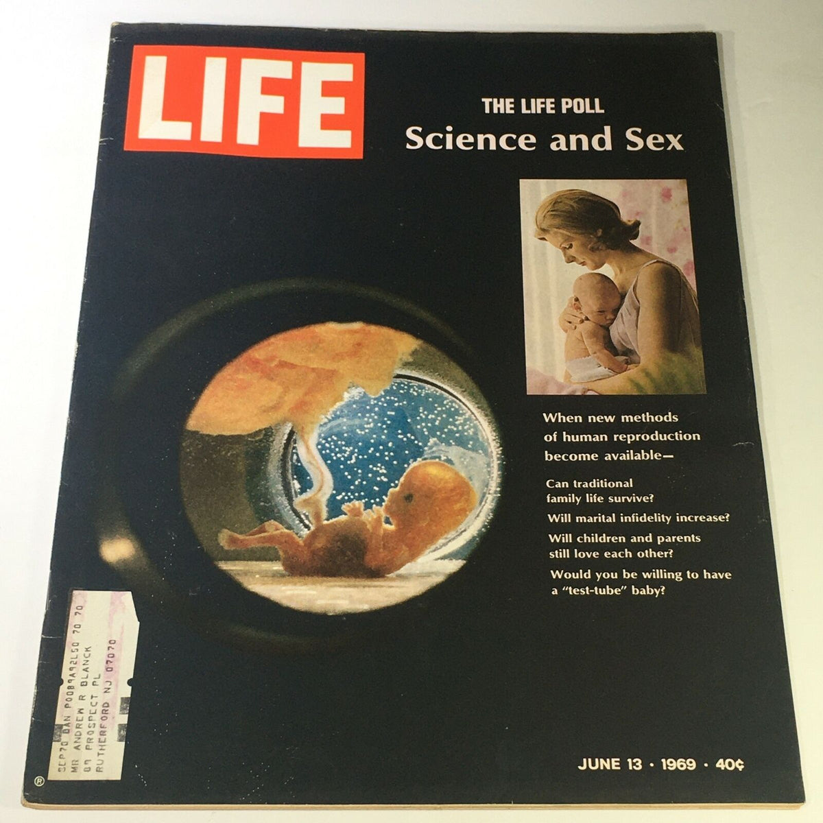 Cover of the VTG Life Magazine June 13, 1969 edition featuring the topic 'Life Poll of Science & Sex'. The image illustrates scientific themes with a fetus visible through a circular frame alongside a mother holding a baby, reflecting on human reproduction.
