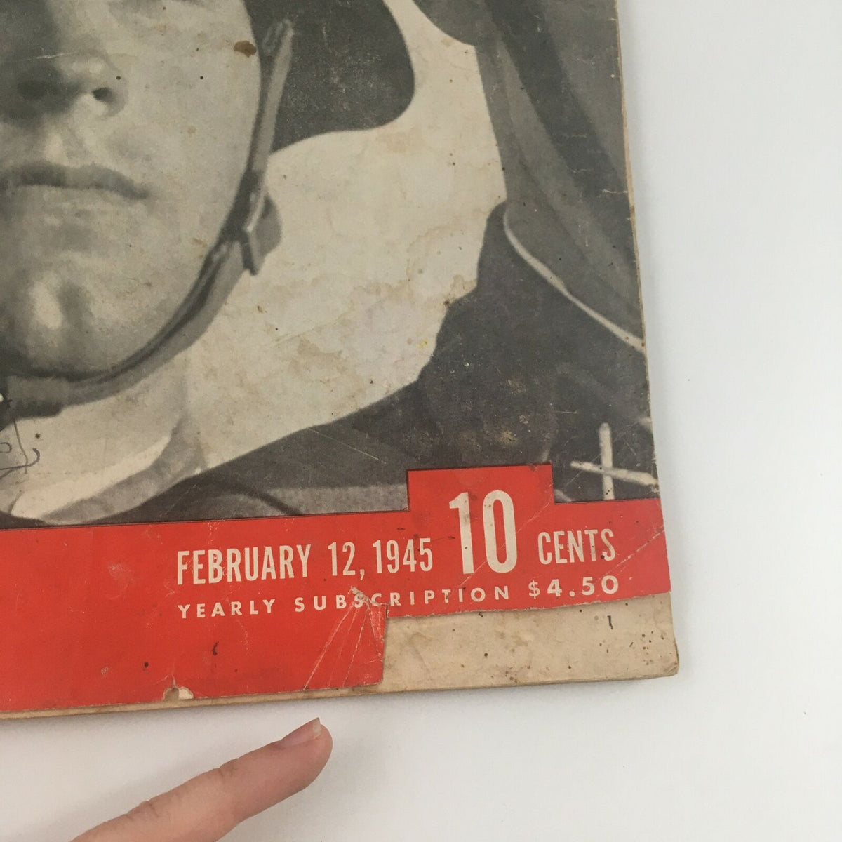 Close-up of VTG Life Magazine February 12 1945 cover highlighting the publication date and price, featuring a portrait of a Soviet soldier.