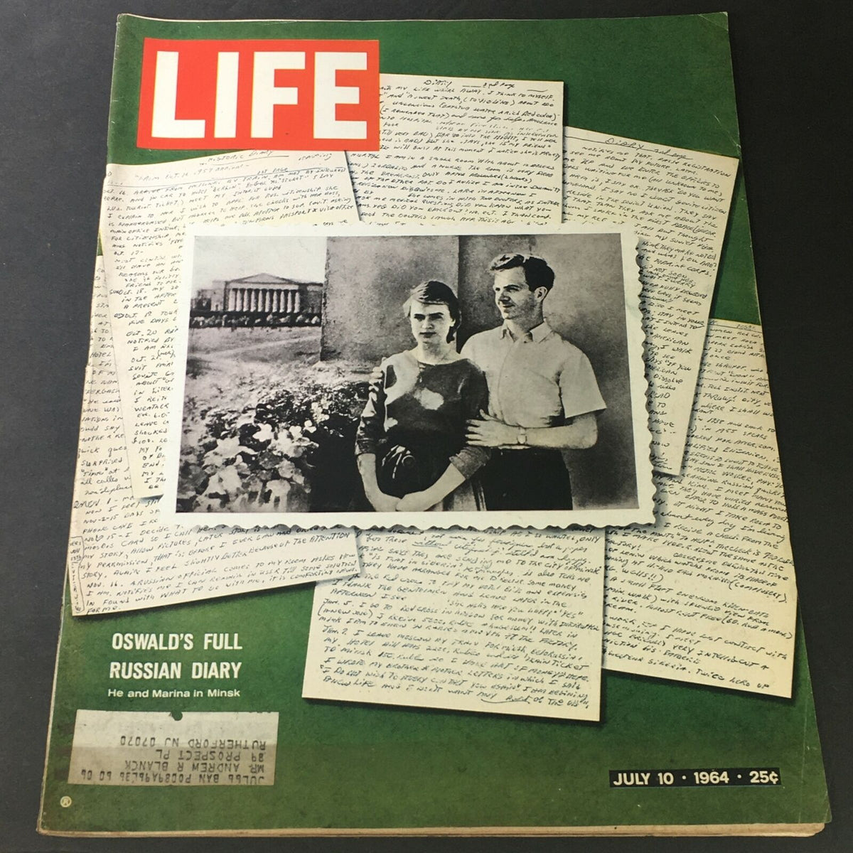 Cover of VTG Life Magazine July 10 1964 featuring US Marine Lee Harvey Oswald's Full Diary, with an image of Oswald and Marina in Minsk, surrounded by handwritten notes.