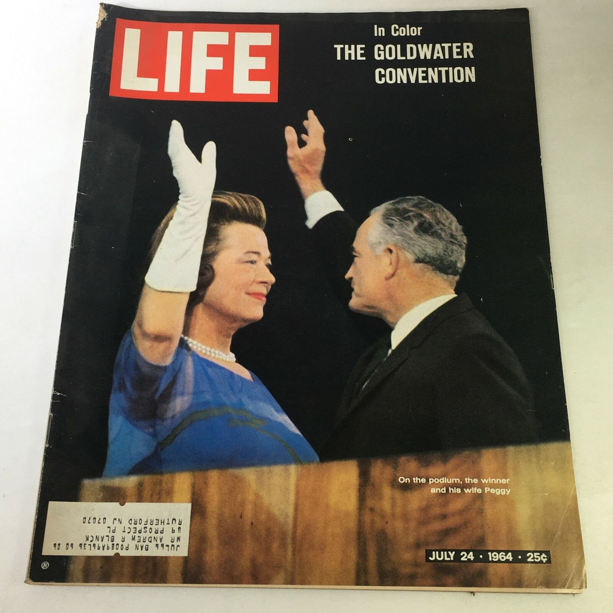 VTG Life Magazine July 24 1964 featuring the Barry Goldwater Convention cover in color, showcasing a woman in a blue dress waving alongside a man, highlighting the political significance of the event.