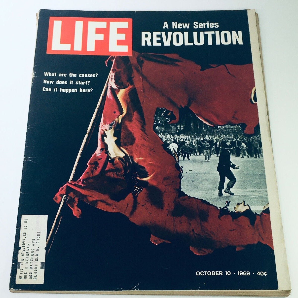 Cover of VTG Life Magazine dated October 10, 1969 featuring the title 'A New Series Revolution, How Does it Start?' with a striking image of a red flag and a crowd in the background, reflecting the cultural shifts of that era.
