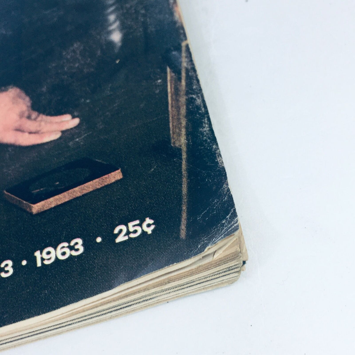 Close-up of the lower corner of the VTG Life Magazine December 13 1963, showing wear and the price details below President Lyndon Johnson's photo.