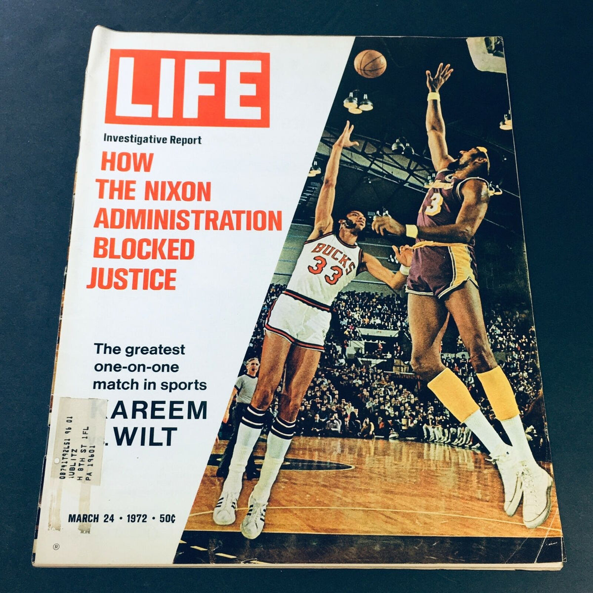 VTG Life Magazine March 24 1972 featuring a cover image of NBA legends Kareem Abdul-Jabbar and Wilt Chamberlain during a basketball match, showcasing the historic rivalry in sports.