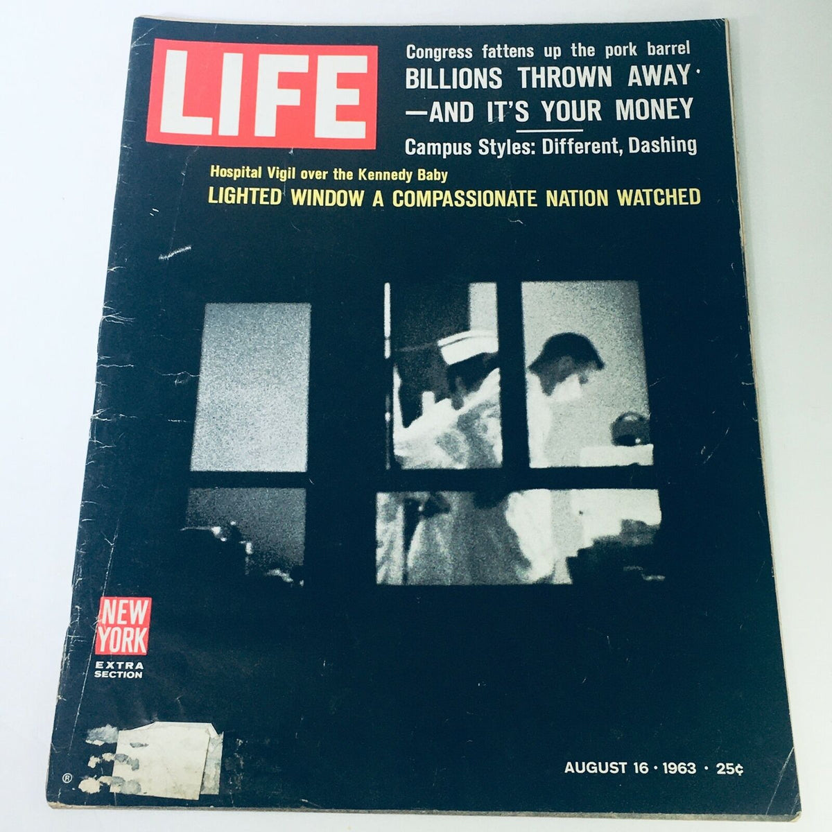 Vintage Life Magazine Cover from August 16, 1963 featuring the title 'Lighted Window, Compassionate Nation Watched' showcasing a poignant moment in American history.