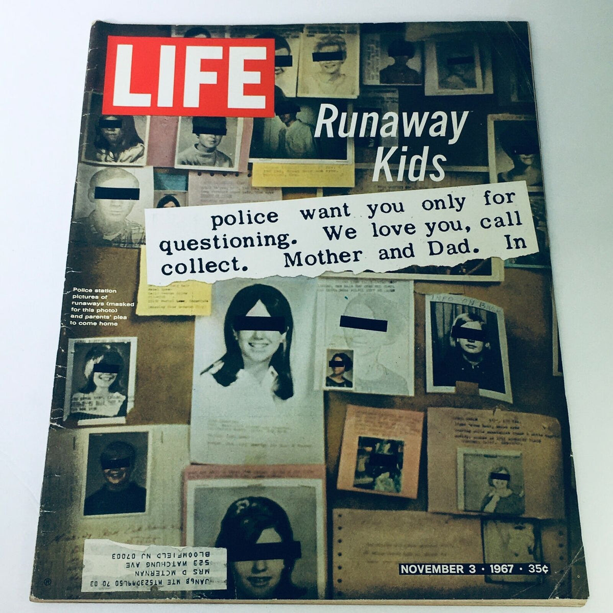 VTG Life Magazine Cover from November 3, 1967, featuring a collage of photographs of runaway kids and a note stating police inquiries, highlighting the captivating cover story 'Pictures of the Runaway Kids Unmasked'.