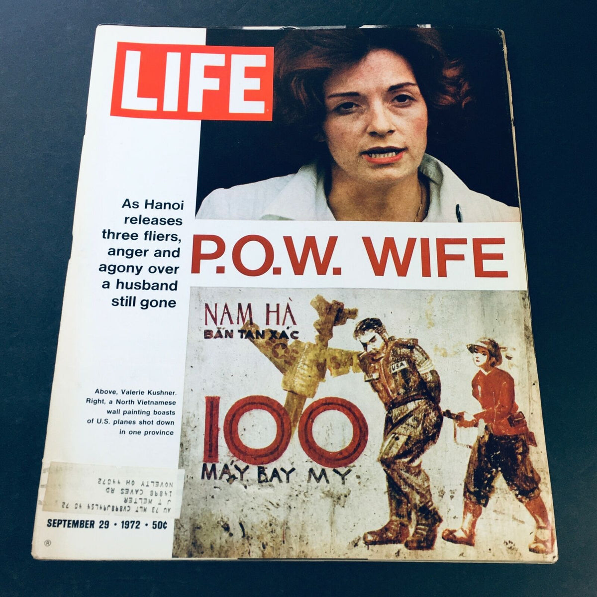 Cover of VTG Life Magazine dated September 29, 1972 featuring Valerie Kushner as 'P.O.W. Wife' alongside a North Vietnamese painting. This vintage magazine showcases historical insights and imagery from the early 1970s.