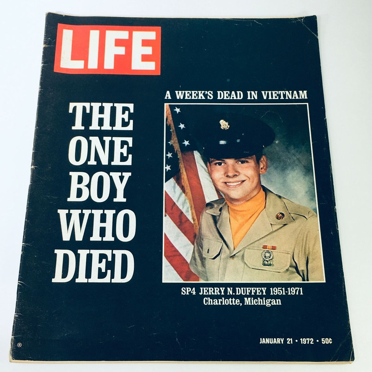 VTG Life Magazine January 21, 1972, featuring a cover story on SP4 Jerry N. Duffrey with the title 'A Week's Dead in Vietnam.' The magazine includes a photograph of Duffrey in military uniform and highlights his story connected to the Vietnam War.