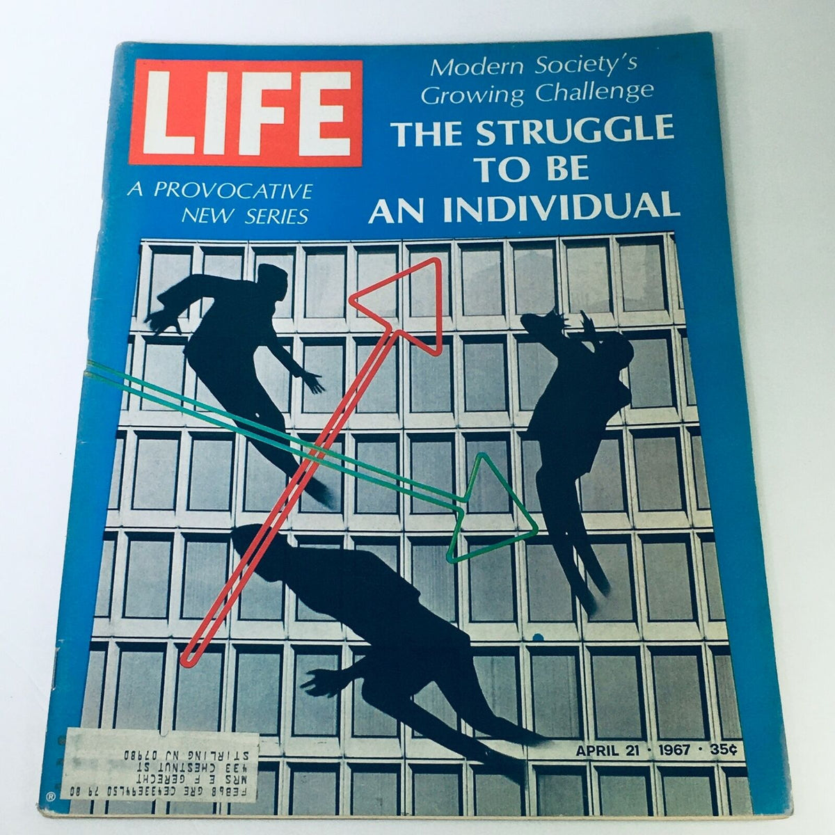 Cover of VTG Life Magazine from April 21, 1967, titled 'The Struggle To Be An Individual', featuring silhouetted figures against a geometric backdrop with arrows representing the challenges of modern society.