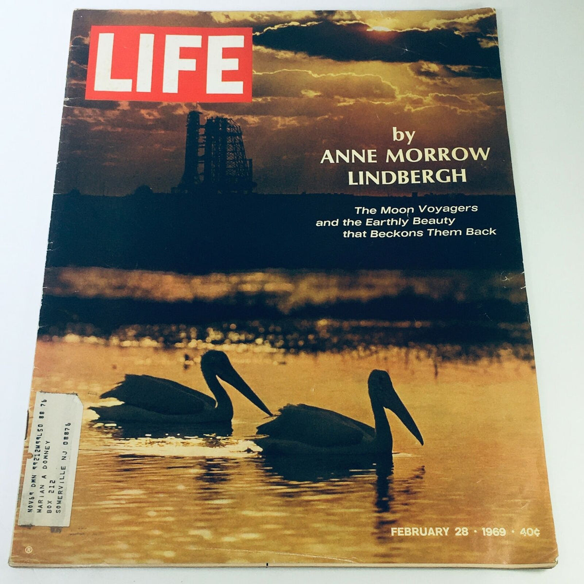 VTG Life Magazine cover from February 28, 1969 featuring 'The Moon Voyagers' by Anne Morrow Lindbergh, with a striking sunset background and silhouettes of pelicans on the water.