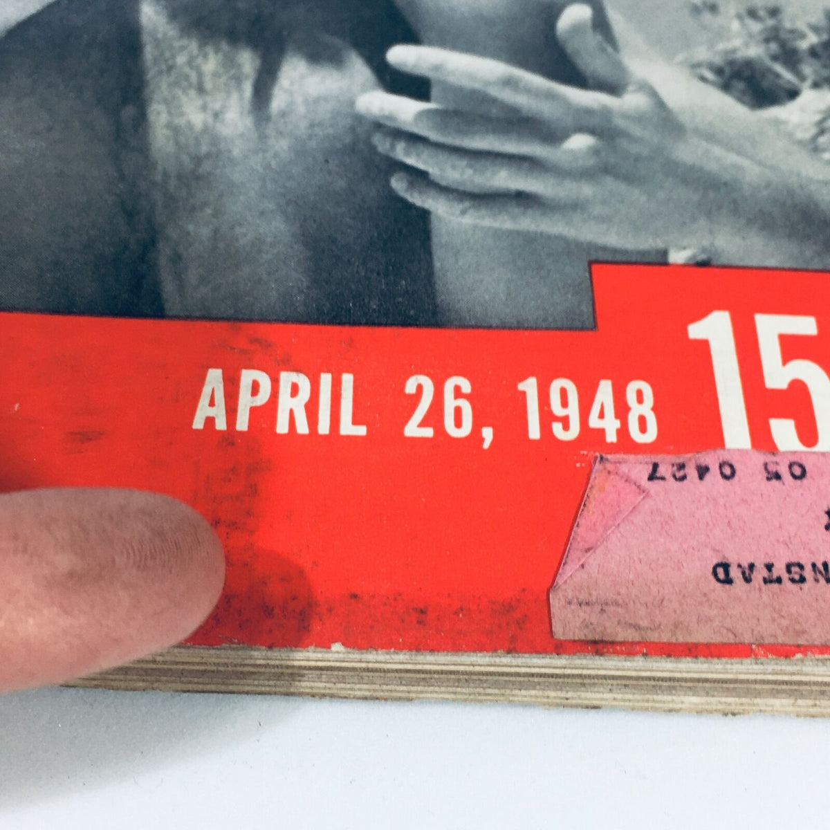 Close-up of the cover of VTG Life Magazine April 26 1948 highlighting the date and details, emphasizing its historical significance and vintage appeal.