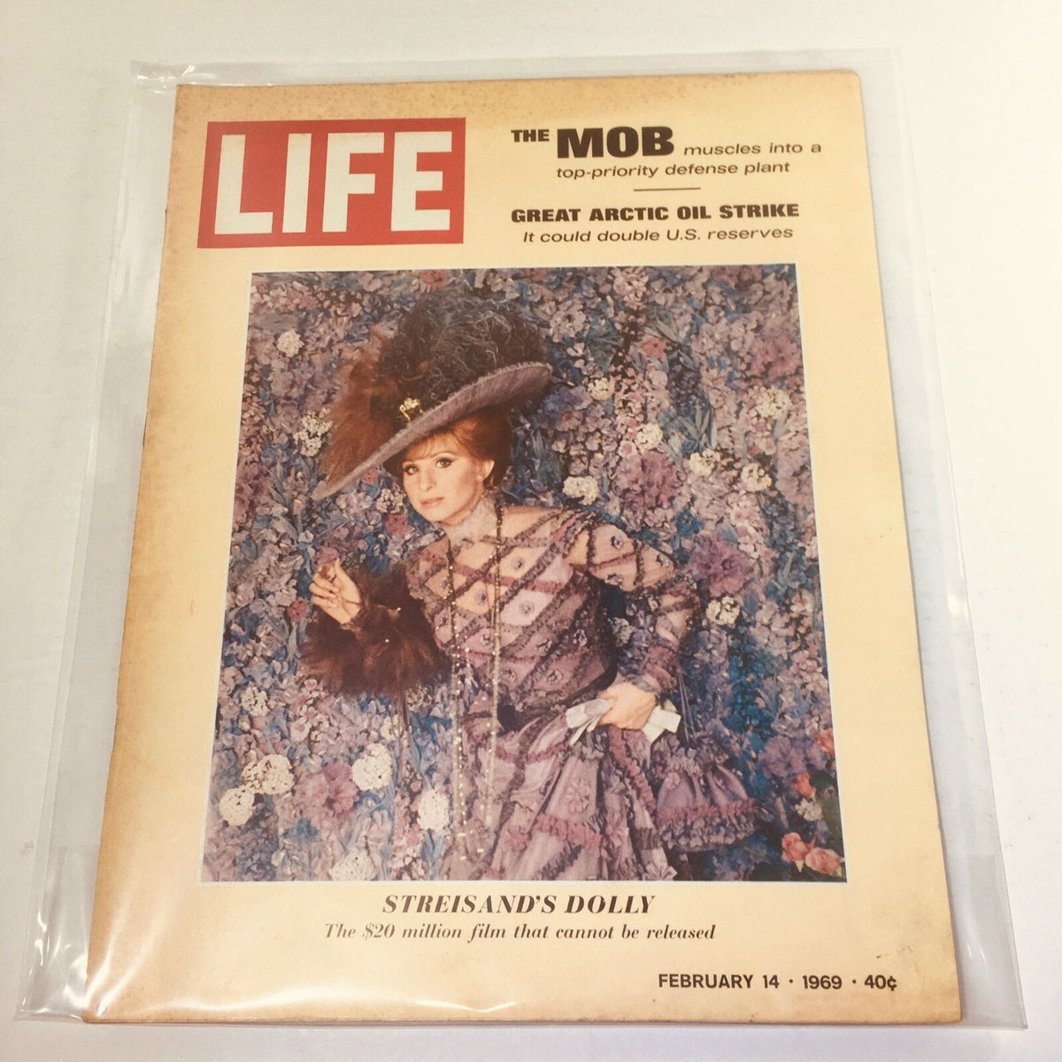 Cover of VTG Life Magazine from February 14, 1969 featuring Barbara Streisand in costume for 'Hello, Dolly!', alongside headlines about the Great Arctic Oil Strike.